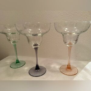 3 Margarita Glasses w/ Pebble Bowls color stems, Pink, purple & Green. 12oz